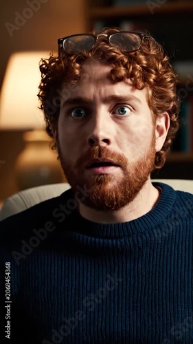 A surprised man with curly red hair sits indoors quietly
