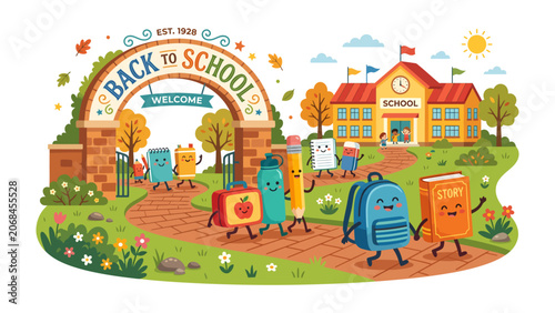 Εκτύπωση καμβά Back to School Celebration: A vibrant illustration depicts cheerful anthropomorphic school supplies and books joyfully walking towards a welcoming school building