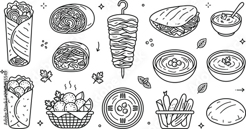 Obraz na płótnie Traditional middle eastern food vector doodle set featuring kebab falafel hummus wrap shawarma and pita bread graphic icons