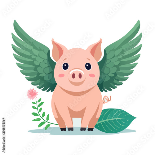 Cute cartoon pig with green wings and flower