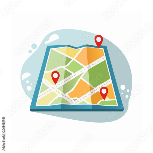 Folded map with red location pins in flat design