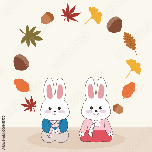 Cute Korean Rabbit Characters in Hanbok with Autumn Leaves and Chuseok Theme