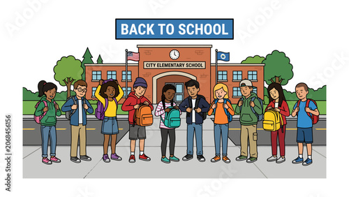 Fotografija Back To School Excitement: A diverse group of smiling children, each with a backpack, gather in front of their elementary school, ready for the new academic year under a Back to School banner