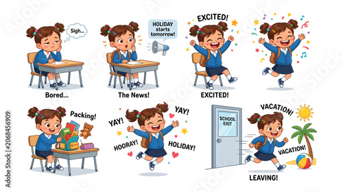 Bild auf Leinwand School Holiday Excitement: A young student experiences a range of emotions from boredom to pure elation as she learns her holiday has begun and prepares for vacation