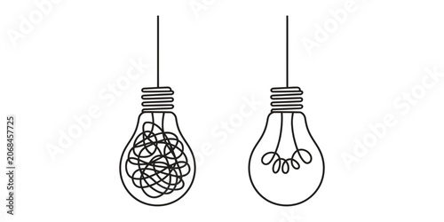 Fotografía Two light bulbs showing complex mess versus simple clear solution design