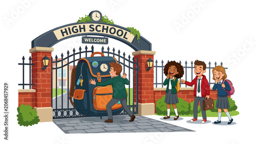 Принти на полотні Back to School Welcome: Students arrive at their high school, greeted by a colossal backpack at the entrance, symbolizing the start of a new academic year and the weight of knowledge