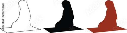 Fotografie Muslim woman praying silhouette vector icon set, Islamic prayer on mat graphic,