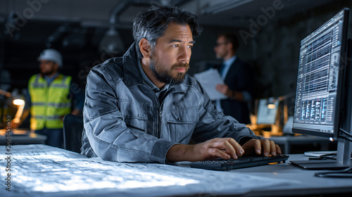 Focused Engineer at Work: An experienced engineer, intently focused, works on a computer in a dimly lit industrial setting, surrounded by blueprints and the hum of machinery.