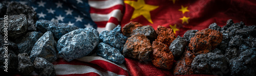Geopolitical Tension: Raw ores and mineral resources sit on American and Chinese flags, symbolizing the complex and often contentious relationship between the two global powers.