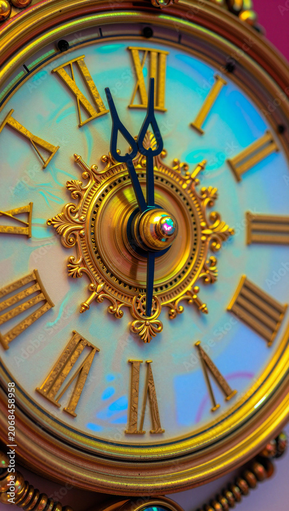 Obraz premium Ornate gold clock face with Roman numerals and hands.