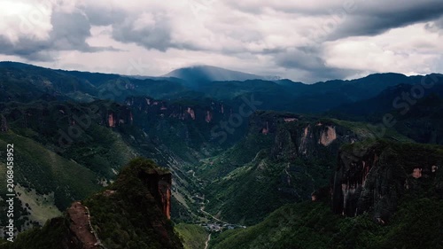 Dramatic Mountain Canyon with Cliffs and Storm Clouds