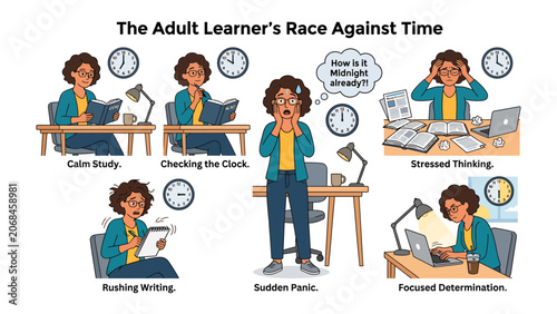 Εκτύπωση καμβά The Adult Learner's Race Against Time: A visual depiction of the various emotional and temporal challenges faced by adult learners, from calm study to sudden panic and focused determination