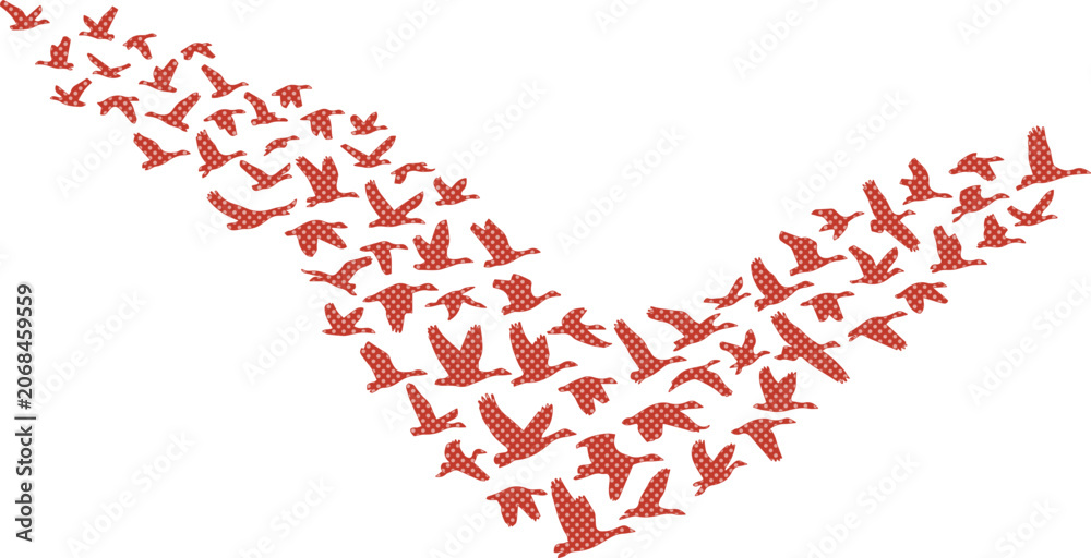 Obraz premium Dynamic flock of flying birds, a vibrant red avian migration pattern, abstract animal silhouette vector for nature and freedom concepts, a symbol of movement and unity.