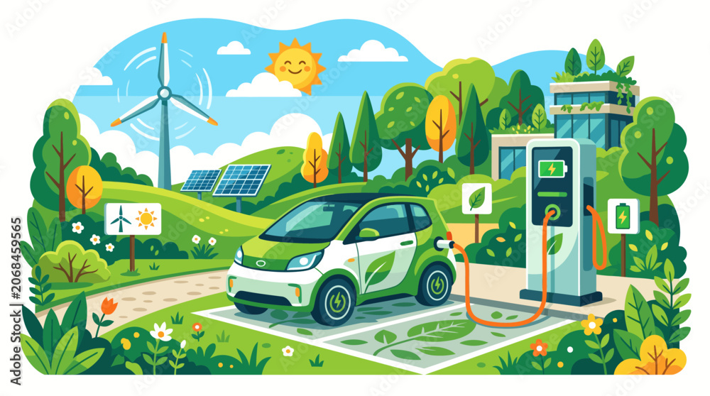 Fototapeta premium Sustainable Green Electric Vehicle Charging Station in Eco Friendly Natural Landscape with Renewable Energy Sources