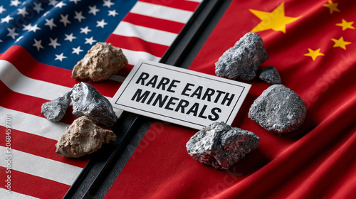 Rare Earth Minerals Trade Dispute: Rocks of rare earth minerals are displayed on the flags of the United States and China, symbolizing a geopolitical trade dispute.