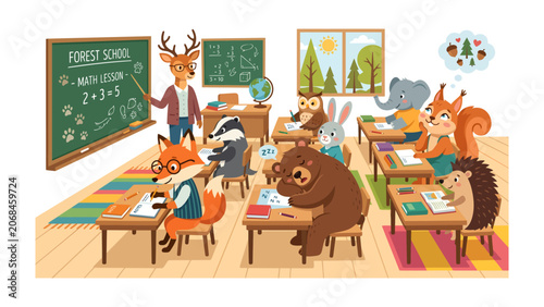 Canvas Print Forest School Classroom Scene: A whimsical classroom where anthropomorphic animal students, including a fox, badger, bear, owl, rabbit, elephant, squirrel, and hedgehog, learn from a deer teacher