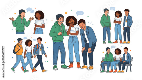 Teens Socializing: A vibrant collection of illustrations depicting teenagers in various social interactions, from casual conversations and walking together to group discussions and seated chats.