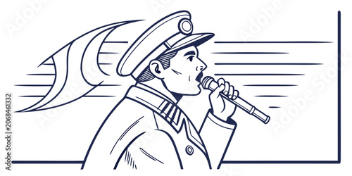 Schilderij op canvas Vintage train conductor using microphone for announcement line art with conducto