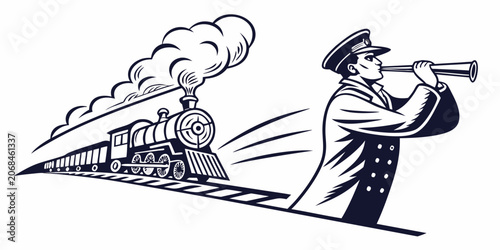 Photos Train conductor blowing whistle near steam locomotive illustration with conducto