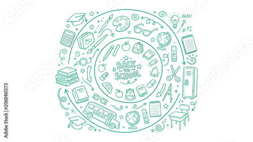 Back to School Doodle Spiral: A creative and whimsical illustration featuring a spiral of school supplies and educational icons, celebrating the return to learning.