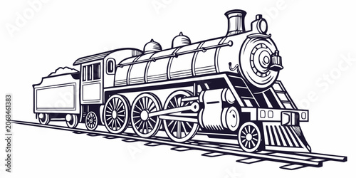 Canvastavla Vintage steam locomotive running on tracks illustration with steam engine locomo