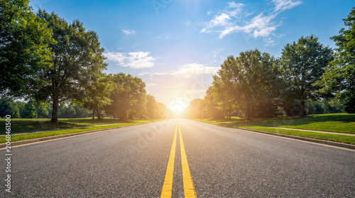 Empty asphalt road stretching into the horizon at sunset with lush green trees