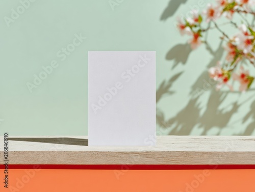 Blank paper card mockup on rustic wooden surface with floral shadows and sunlight, minimalist postcard template with copy space for spring wedding or greeting design
