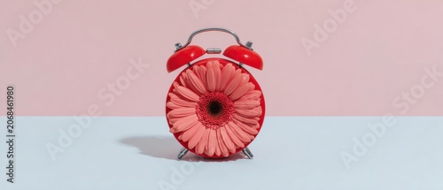 Red vintage alarm clock with a pink gerbera daisy flower face on a pastel background with copy space, ideal for time management and spring wellness marketing banners