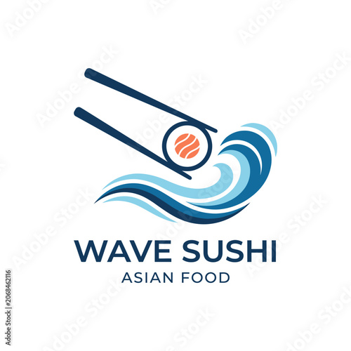 Minimalist logo design chopsticks sushi roll ocean wave asian food