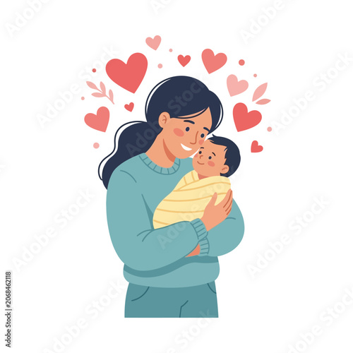 Mother holding baby with hearts family love parent infant bond