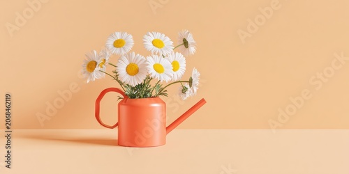 Cheerful Bouquet of Fresh White Daisies in a Coral Watering Can on a Matching Beige Background for Spring Gardening Retail Advertisements and Copy Space
