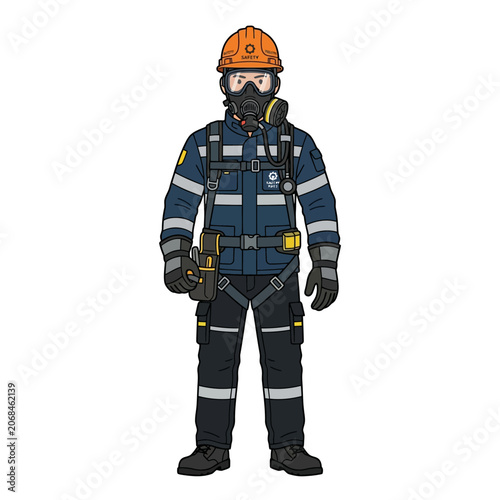 Person wearing industrial gas mask and protective safety goggles equipment