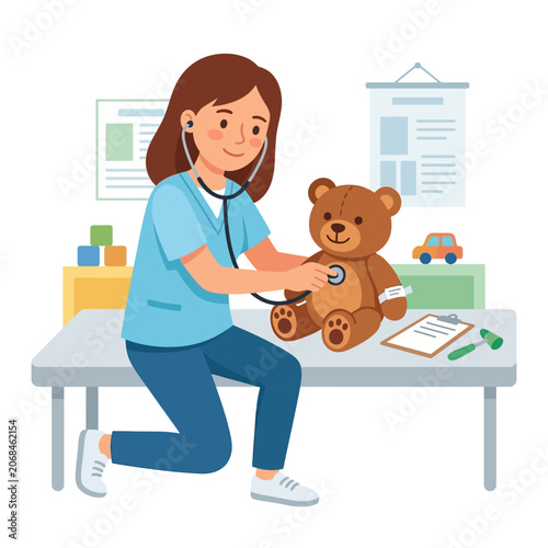 Pediatric doctor examines brown teddy bear with stethoscope in clinic