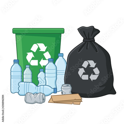 Plastic bottles and black trash bag illustration for recycling concept