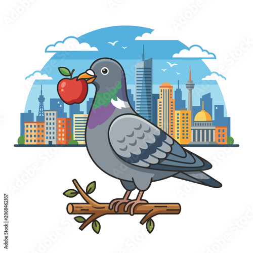 Pigeon with apple and city skyline illustration bird urban environment