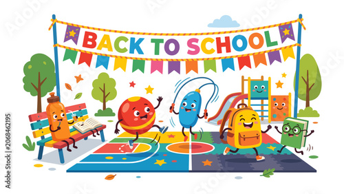 Obraz na plátně Back to School Celebration: Cheerful anthropomorphic school supplies joyfully celebrate the start of the academic year on a playground, under a festive Back to School banner