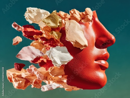 Exploding Profile Silhouette Face with Waves of Imagination and Collective Mind Fragments for Creative Mental Health Banner and Psychology Concept Background