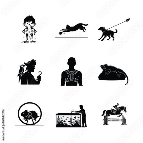 Veterinary and Pet Wellness Silhouettes Dog and Cat Care Medical Examination Pet Owner and Clinical Veterinary Icons