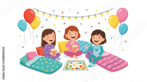 Three cheerful cartoon girls enjoying fun indoor sleepover party celebration