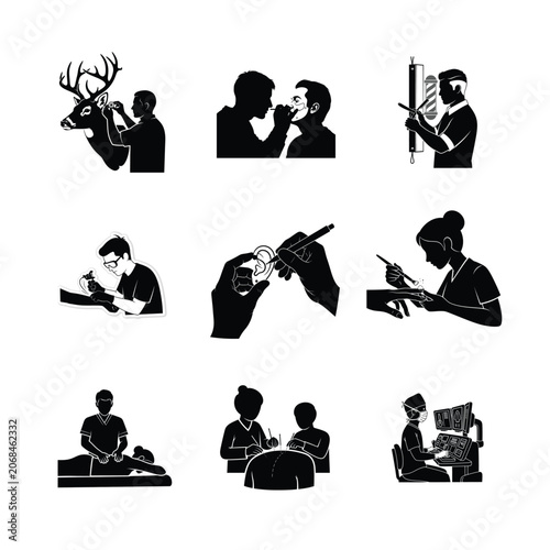 Wilderness Hunting and Survival Silhouettes Archer with Bow Forest Tracking and Wild Animal Icons