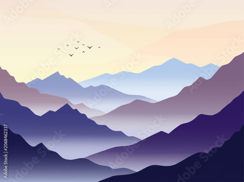 Bild auf Leinwand Minimalist mountain landscape with birds and morning mist at sunset