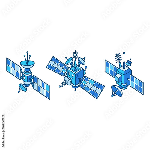 Three stylized satellite icons solar panels antennas blue tones white