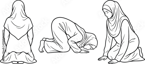 Quadro su tela Muslim woman praying vector illustration set, Islamic prayer poses, traditional