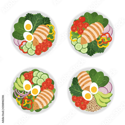 Variety healthy salad bowls fresh vegetables chicken eggs dark greens