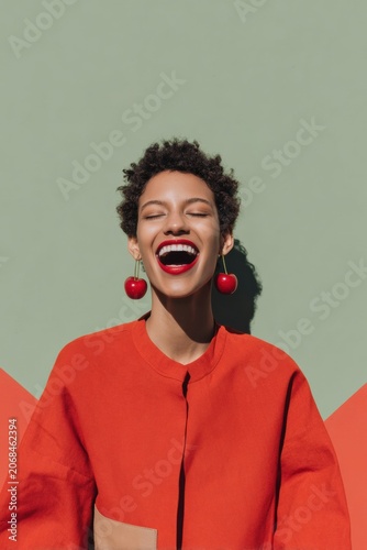Cheerful young woman laughing while wearing cherry earrings in a creative fashion portrait for retail advertising and beauty brands featuring copy space