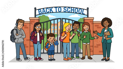 Back to School Scene: A diverse group of children and their teacher gather outside a school gate with BACK TO SCHOOL signage.