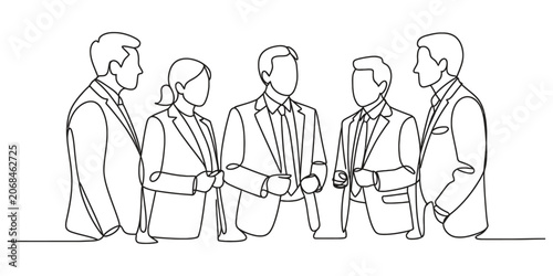 Group of business people standing and talking in one line drawing style