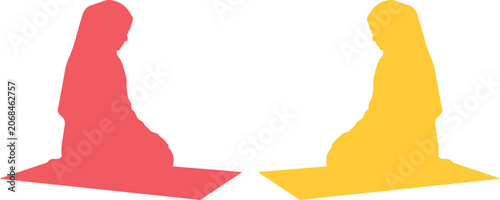 Konstfotografi Muslim woman praying, Islamic prayer silhouette, red and yellow female figures o
