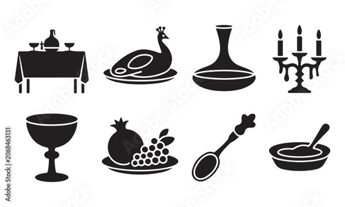 Bild auf Leinwand Collection of black silhouette featuring dining and banquet including a table, r