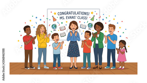 Fotografie Graduation Celebration: A cheerful teacher and her diverse class of students celebrate a successful school year, surrounded by confetti and a congratulatory banner